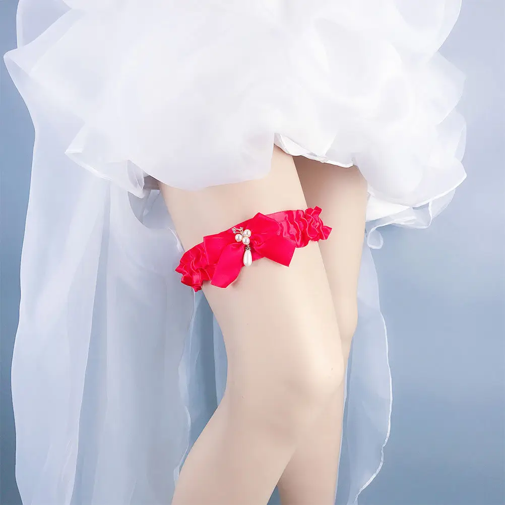 1Pcs Pearl Garter Wedding Bride Lace Thigh Band Red Adjustable Bridal Bowknot Party Prom Accessory Comfortable Elastic