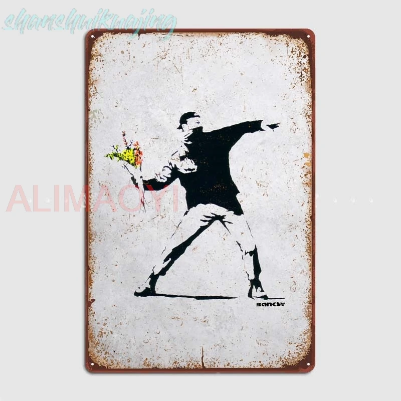 Plaque métallique personnalisée, décoration de salle, lanceur de fleurs Banksy, décor de maison pour Pub, Club, café, Bar, Garage, décoration murale rétro