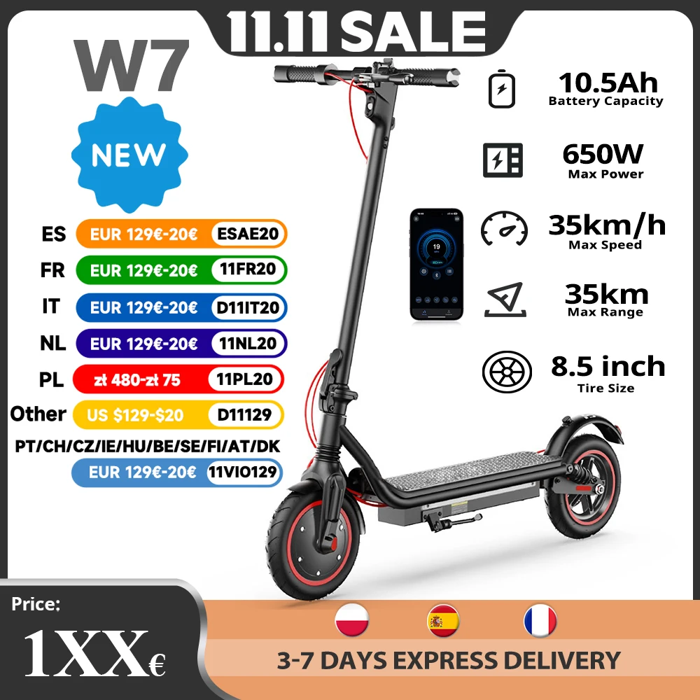 New Electric Scooter W7 8.5Inch 36V 10.5Ah Battery 650W Motor 27-37km Range 4-Speed Modes 35KM/H Foldable Electric kick Scooters