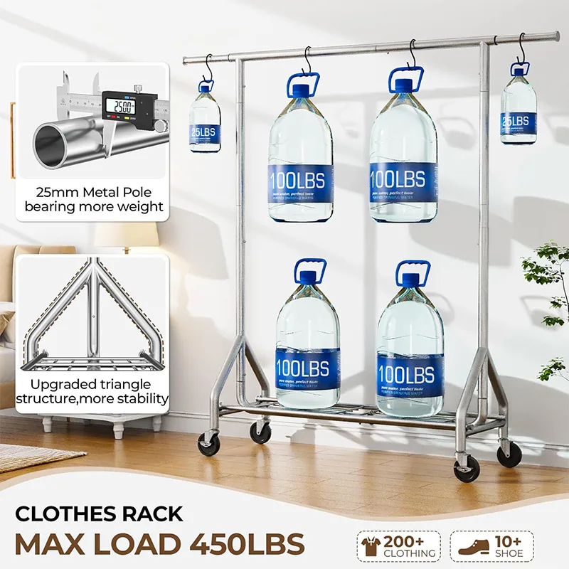 Heavy Duty Clothes Rack Load 450 LBS, Metal Garment Rack, Standing Rolling Clothing Rack for Hanging Clothes with Sturdy Wheels