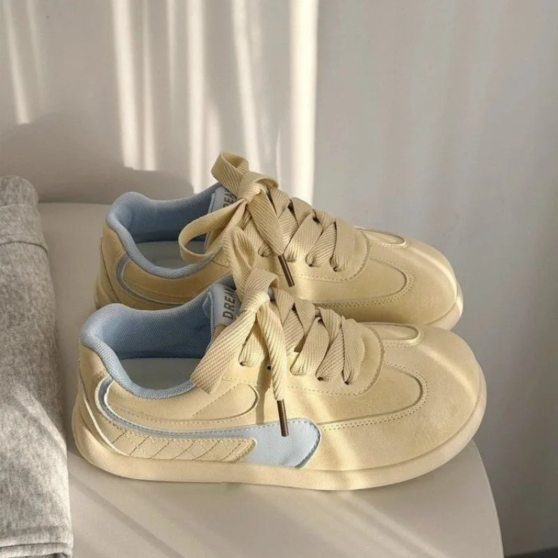 Kawaii Women Color Block German Trainers Cream Yellow Light Blue Chunky Round Toe Lace Up Soft Casual Shoes