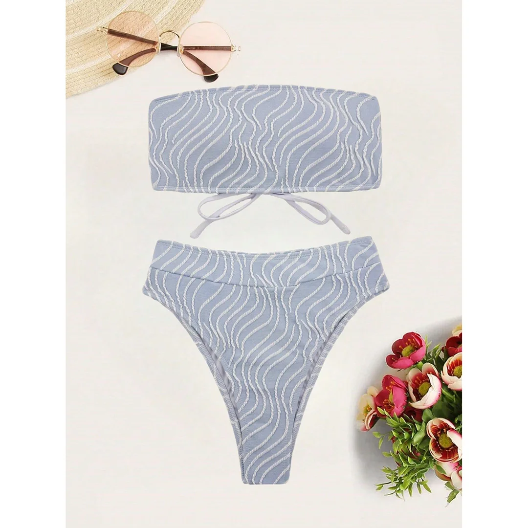 Sexy Bikini mit Wellenmuster, Bandeau-Oberteil und hoher Taille, Damen-Badeanzug, zweiteiliges Bikini-Set, Badebekleidung, Badeanzug, Modell V5445. – Detail 39