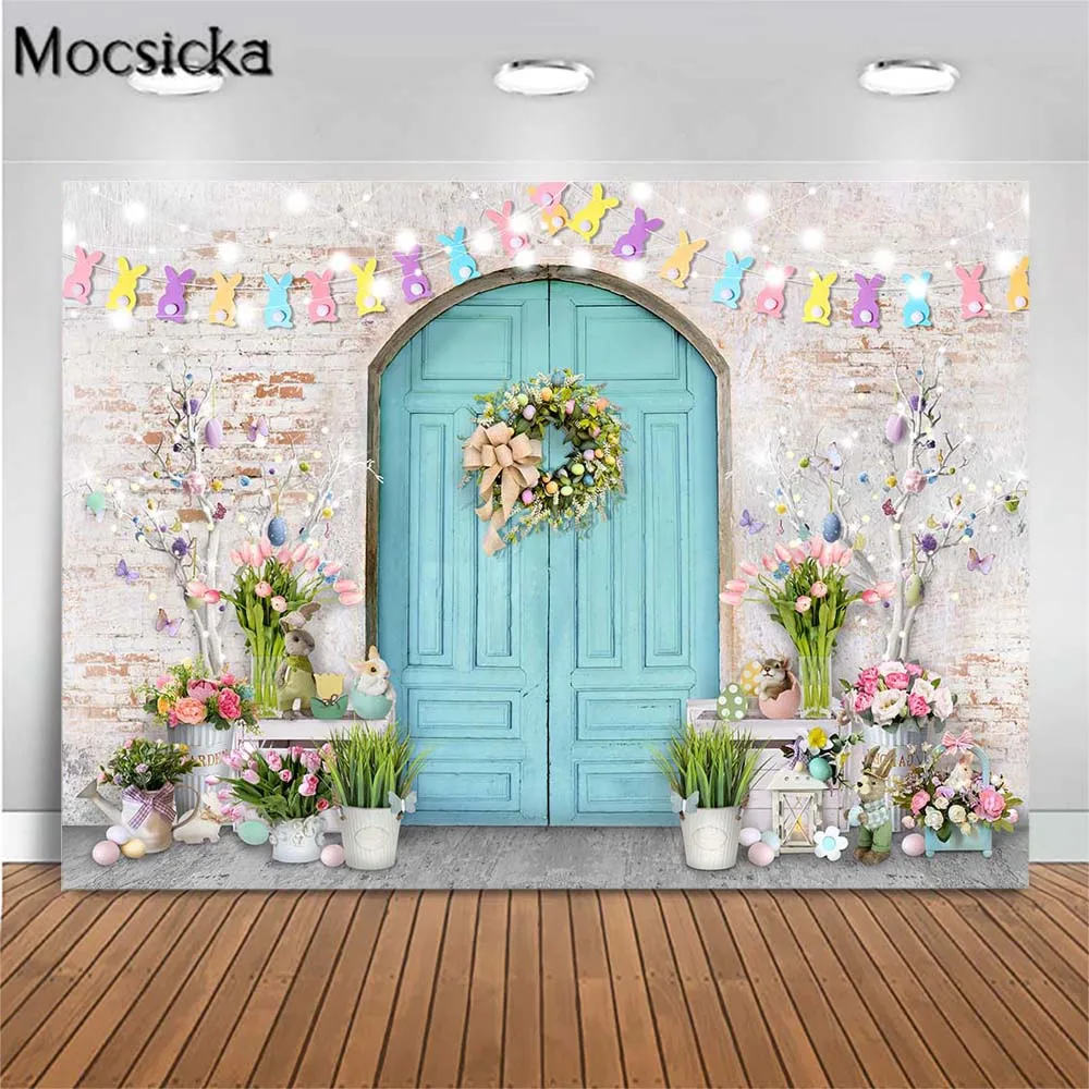 

Mocsicka Brick Wall Blue Door Easter Spring Backdrop Bunny Eggs Newborn Photoshoot Props Kids Background Photostudio Photography