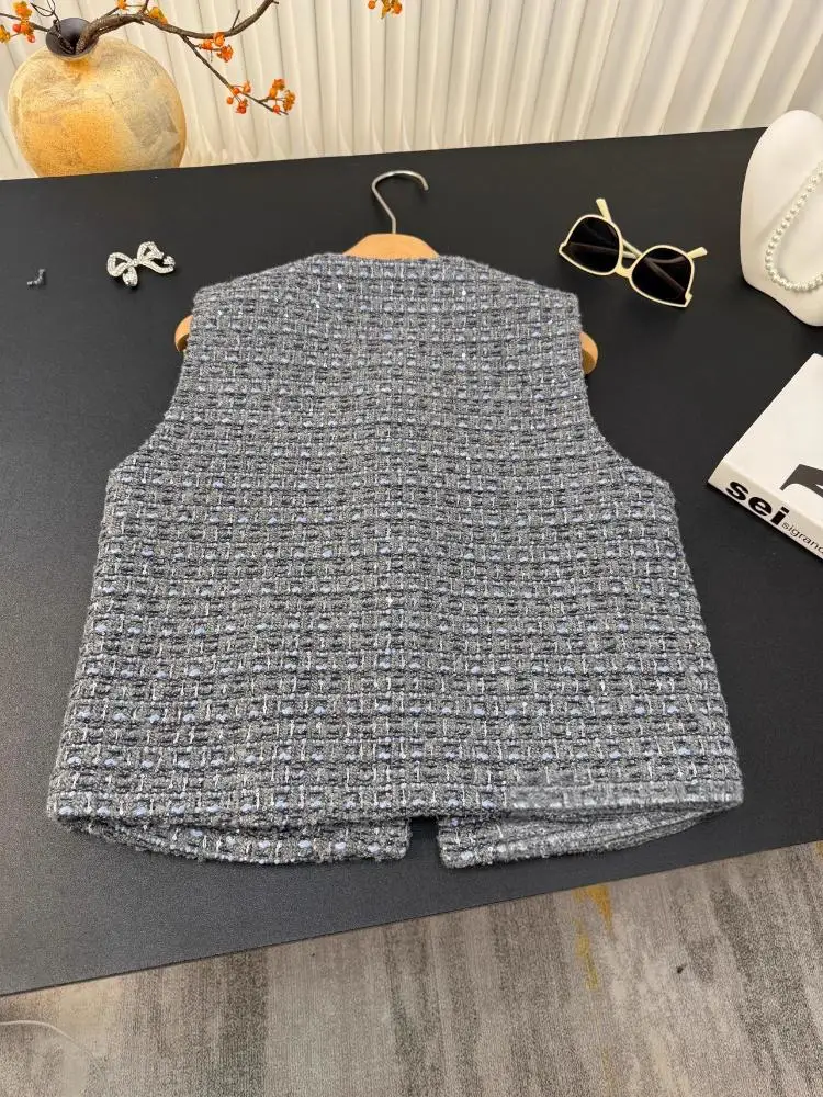 الخريف المرأة خمر الصوفية سترة دون أكمام معطف س الرقبة واحدة الصدر تويد سترة سيدة سليم صالح موضة الشارع الشهير صدرية #5