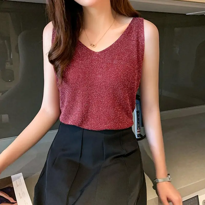 Summer New V-neck Solid Color Sequins Knitting Tank Top Women Sleeveless Casual Fashion Pullover Tee Ladies Loose Bottomed Vest