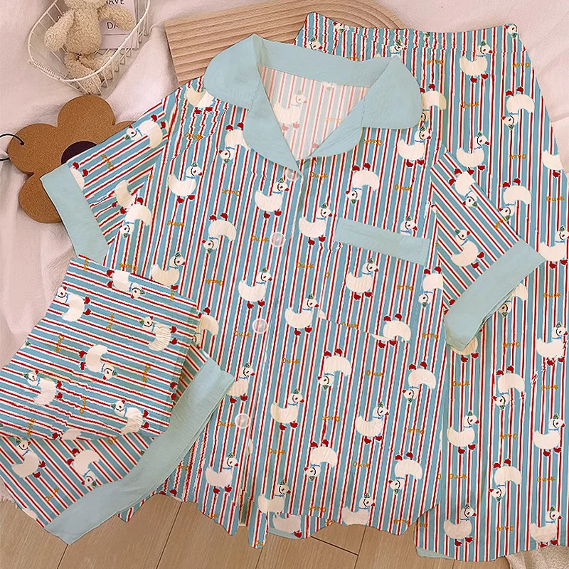 

French Duck Striped Kawaii Letter Print Pajamas Set for Women 2025 Summer New Home Wear Cartoon Cute Casual 3 PC Set Pajamas