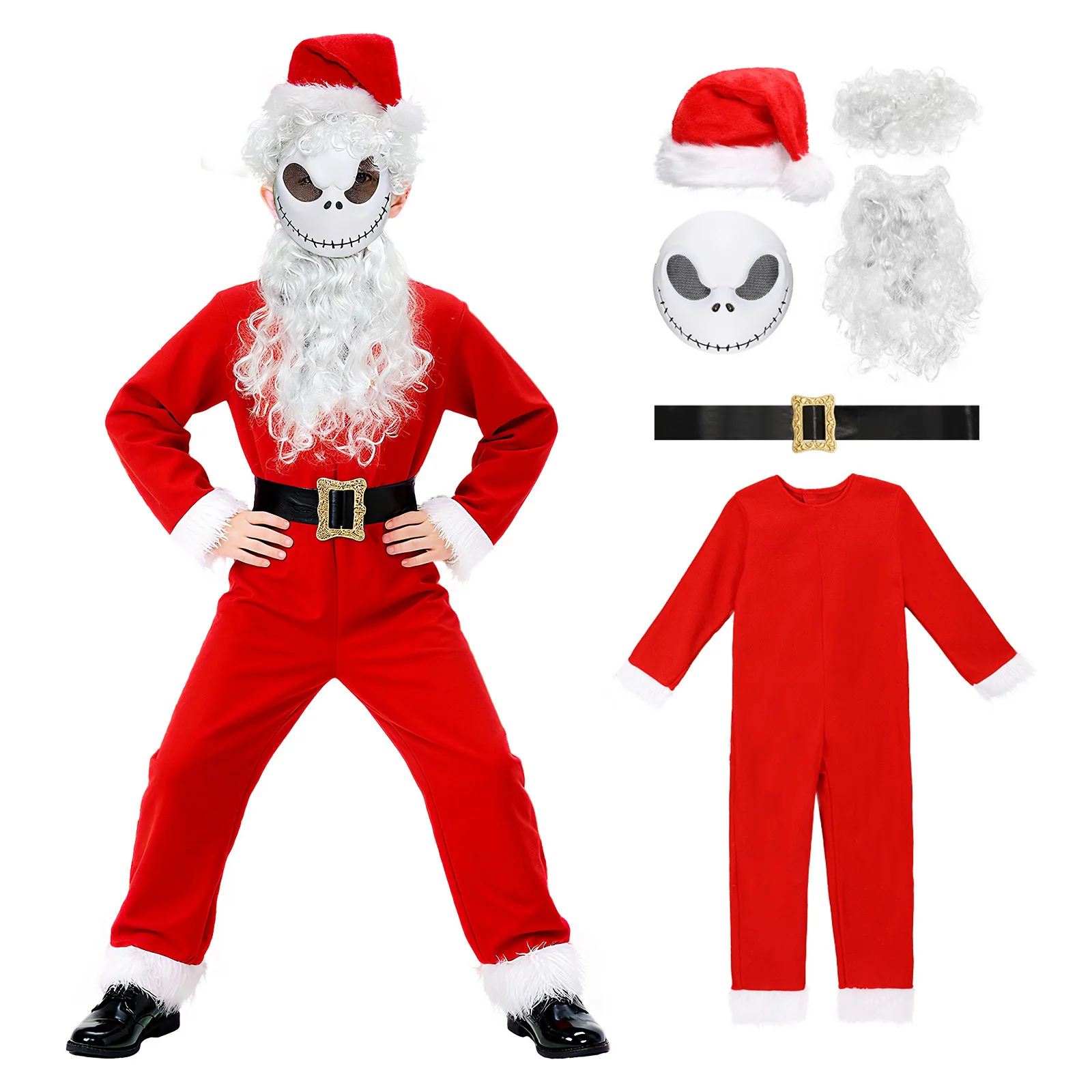 

Boys Girls Christmas Santa Costume Nightmare Skeleton Mask Xmas Costume Jumpsuit with Hat Belt Halloween Cosplay Outfits