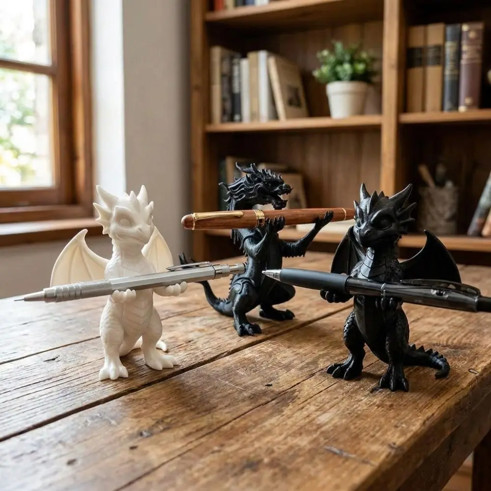 3D Printed Dragon Shaped Pen Holder Vintage Style Cartoon Dragon Pen Stand Statue Plastic Oriental Myth Desk Organizer Accessory
