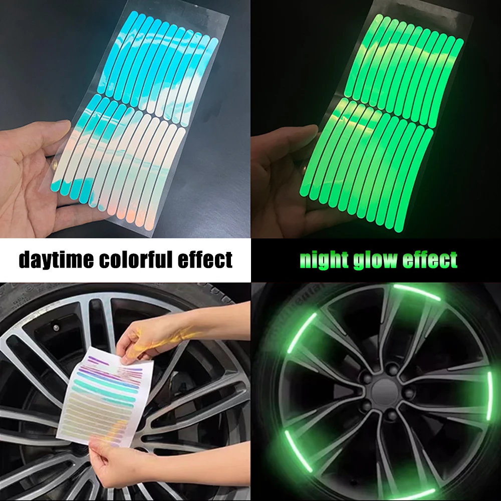 20Pcs Luminous High Reflective Car Wheel Hub Sticker Stripe Tape for Motorcycle Car Night Driving Safety Universal Sticke Cover