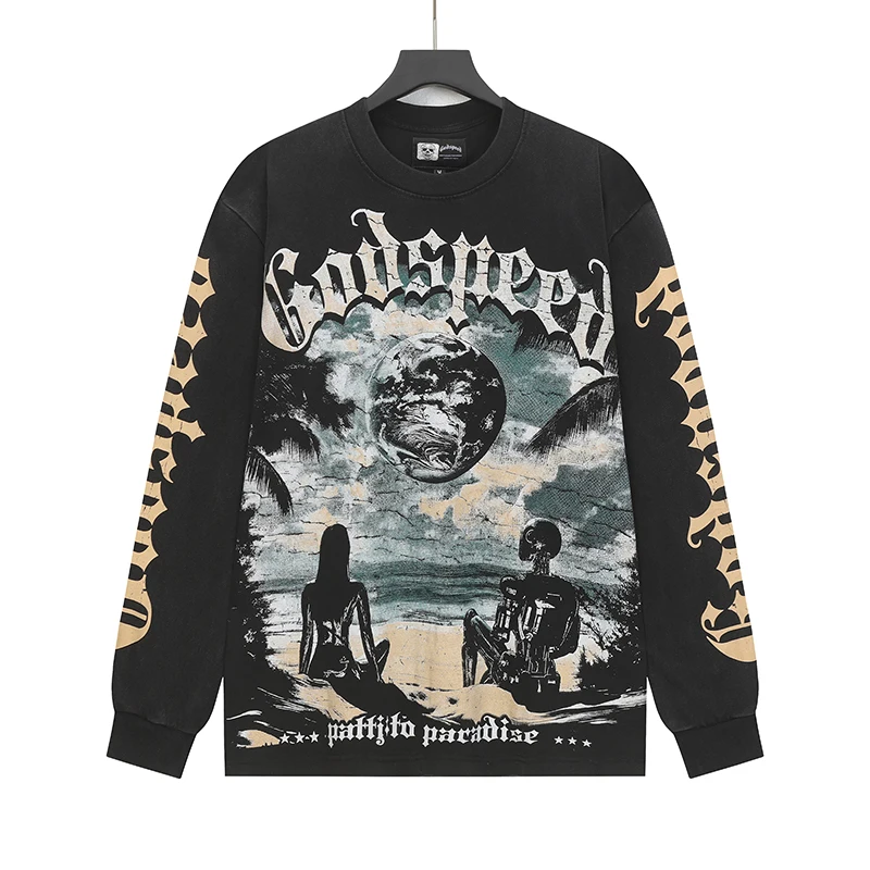 2025 خريف شتاء جديد Godspeed تي شيرت طويل الأكمام شاطئ البحر عرض طباعة الرجال الرجعية الهيب هوب الجمجمة غسلها تفعل القديمة تي شيرت #2