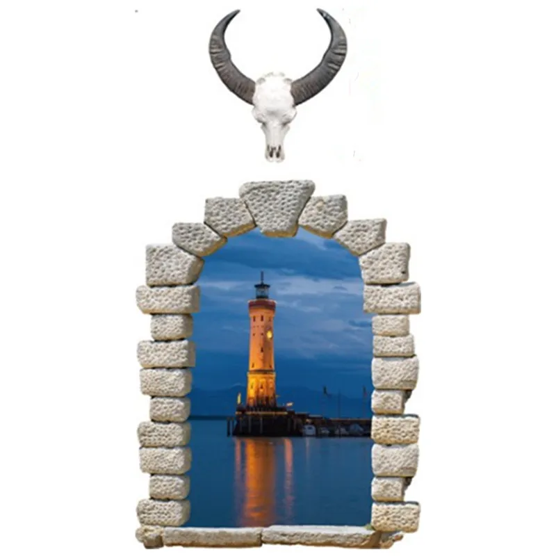 Lighthouse in Sea, Art Mural, Ox Head, Stone Window, 3D Vinyl Wall Stickers, Home Decorations, Room Poster, Ocean View Wallpaper