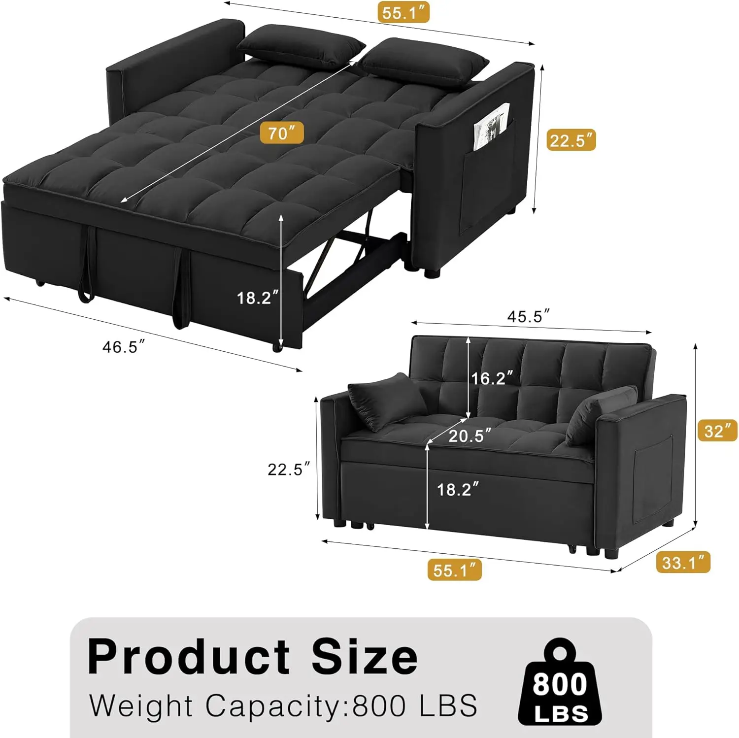 3 in 1  Sleeper Sofa Bed, Futon Couches for Living Room with Side Pocket | Adjustable Backrest| Velvet Fabric | Pull