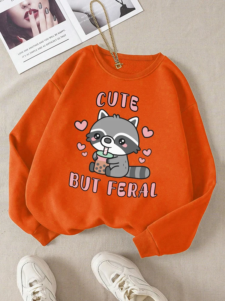 Small Animals Drinking Milk Tea Printing Sweatshirts Female Fashion Basic Hoodie Fleece Warm O-Neck Clothes Loose Casual Tops