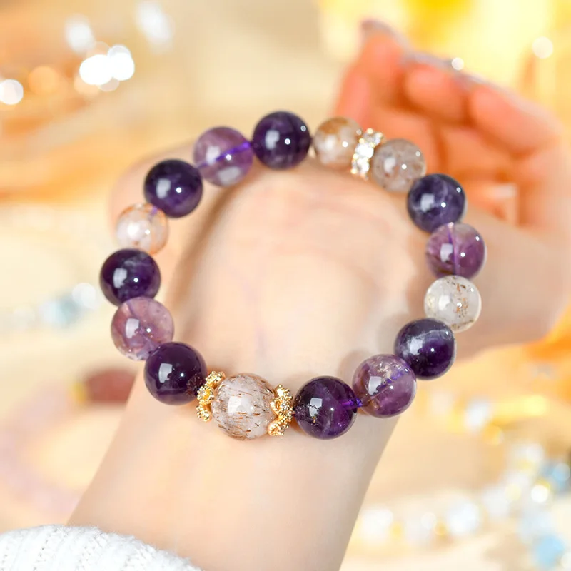 

Natural Amethyst Black Gold Large Bead Bracelet Classic Elegant Women's Hand Jewelry Gifts