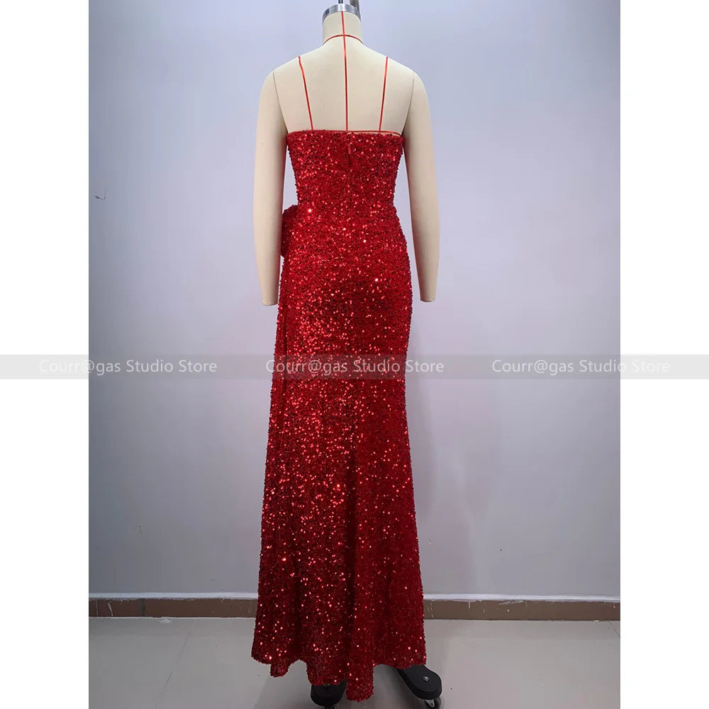 Europe and the United States wind red breasted sequins open fork evening dress female temperament dinner toast long skirt