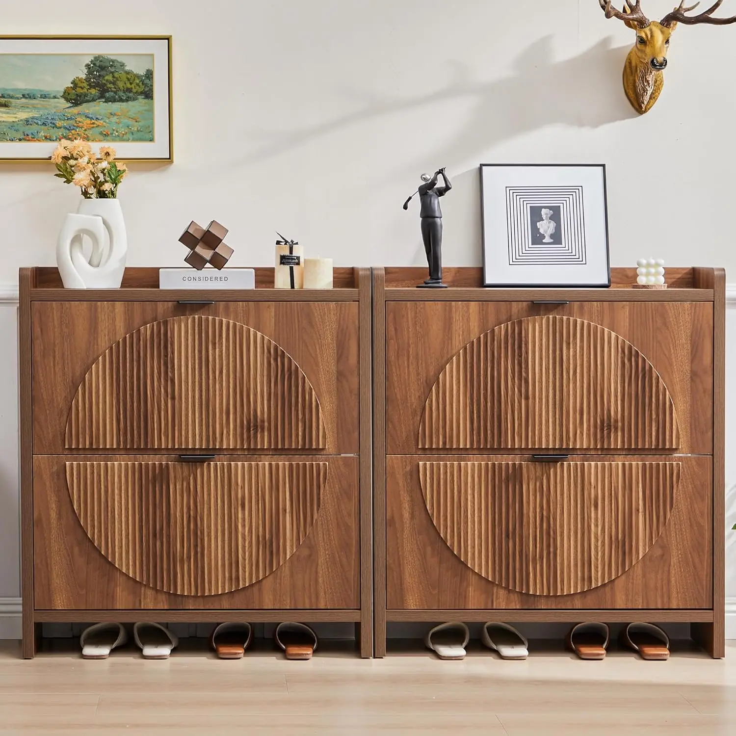 #Walnut Slim Shoe Cabinet 2 Flip Drawers Round Fluted Panel Hidden Storage Entryway Hallway, Customized