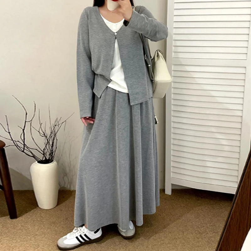 

Women Two Piece Sets Skirt Set Round Neck Full Sleeve Coats Long Skirts A Line High Waist Y2k Streetwear Elegant Work 2026
