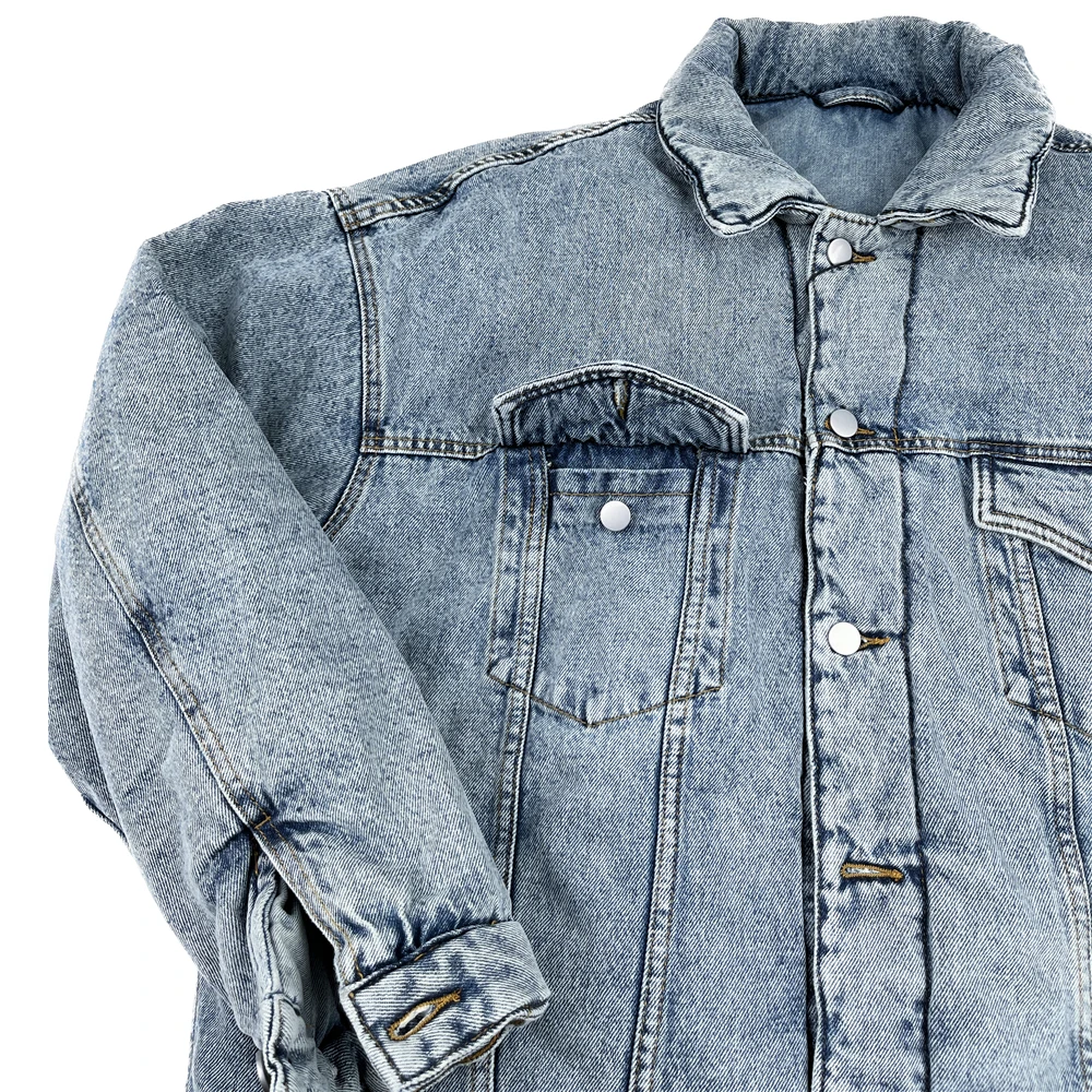Winter Washed Blue Padded Denim Jacket Men Unisex Thick Bomber Kanye Streetwear