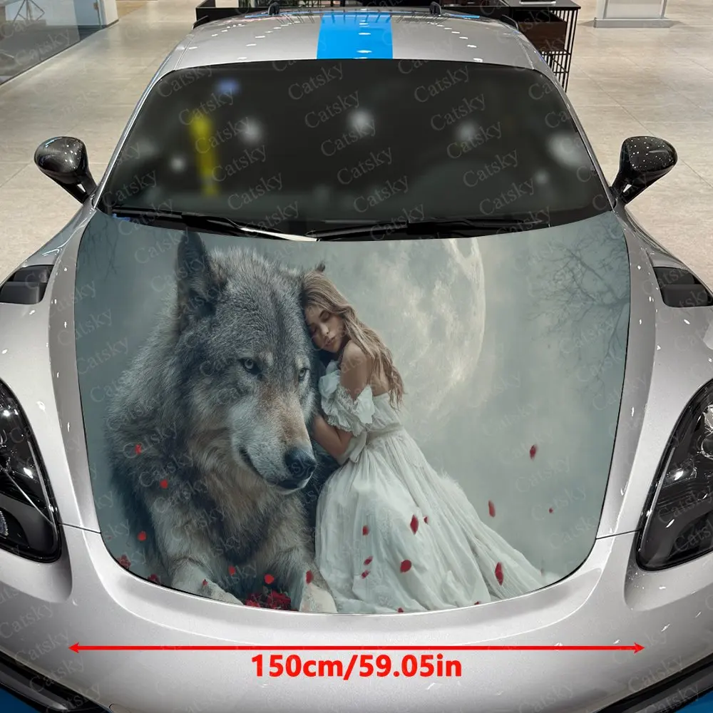 Moon-Veil Wolf & White-Gowned Maiden Car Vinyl Wrap, PVC Waterproof Car Hood Sticker, Self-Adhesive Scratch-Resistant Stickers