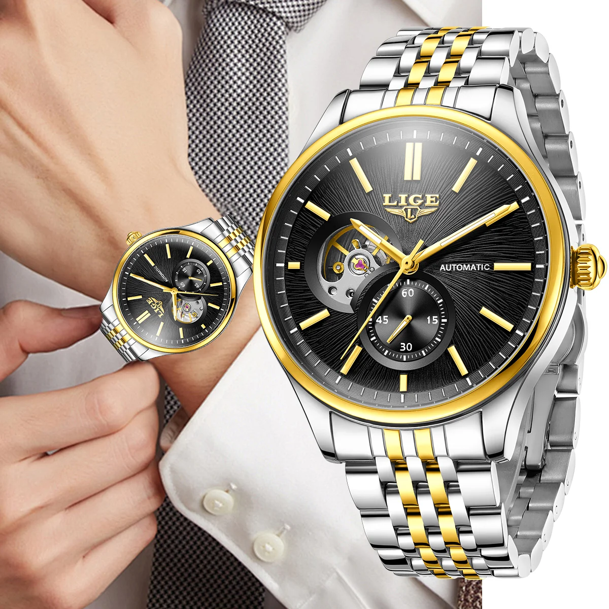 

LIGE Business Watch Men Automatic Mechanical Watch Waterproof Luxury Fashion Stainless Steel Sport Watches Men Relogio Masculino