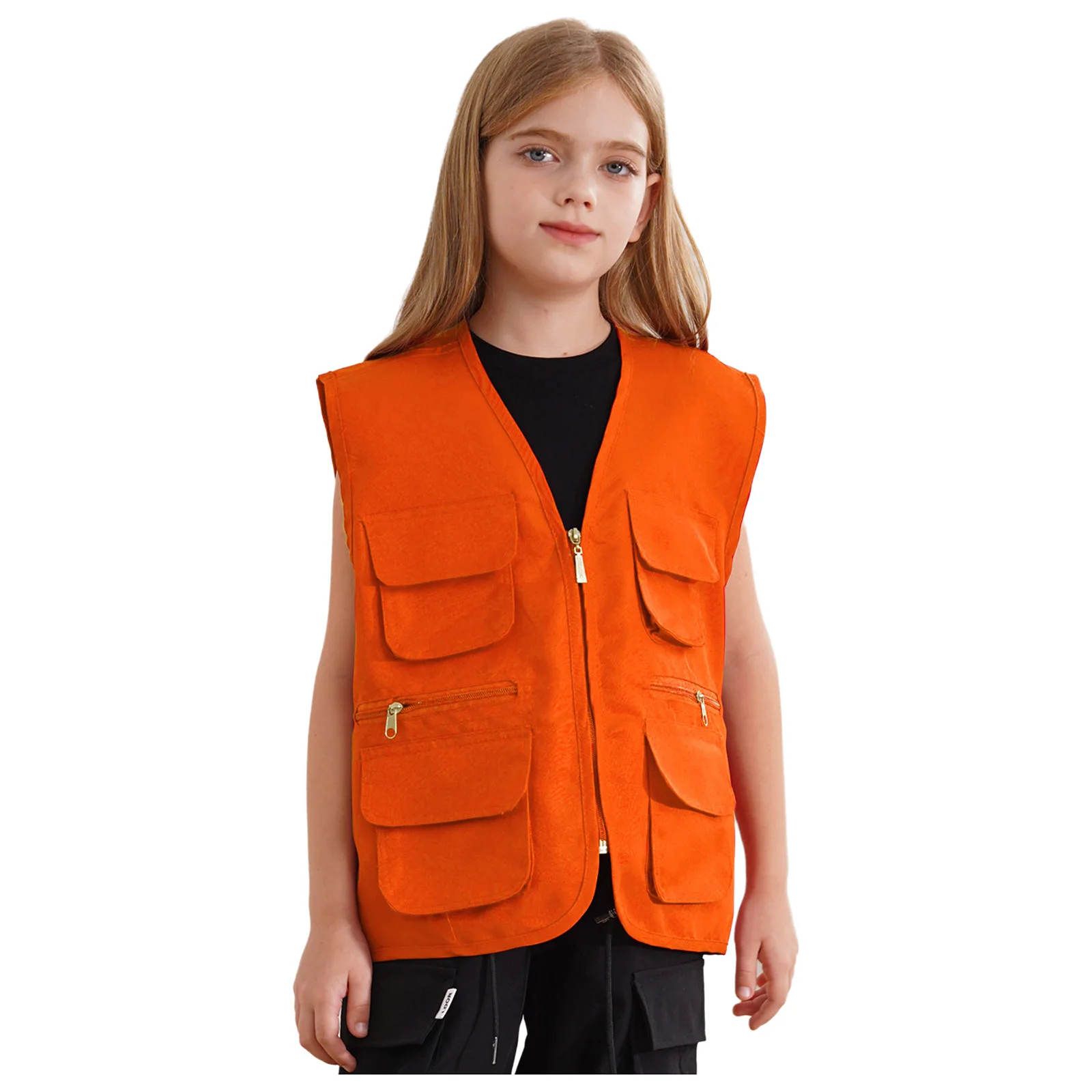 Boys Girls Multi-Pocket School Work Wear Zipper Jacket Tops Waistcoat School Volunteer Activity Safety Vests Uniform Coats