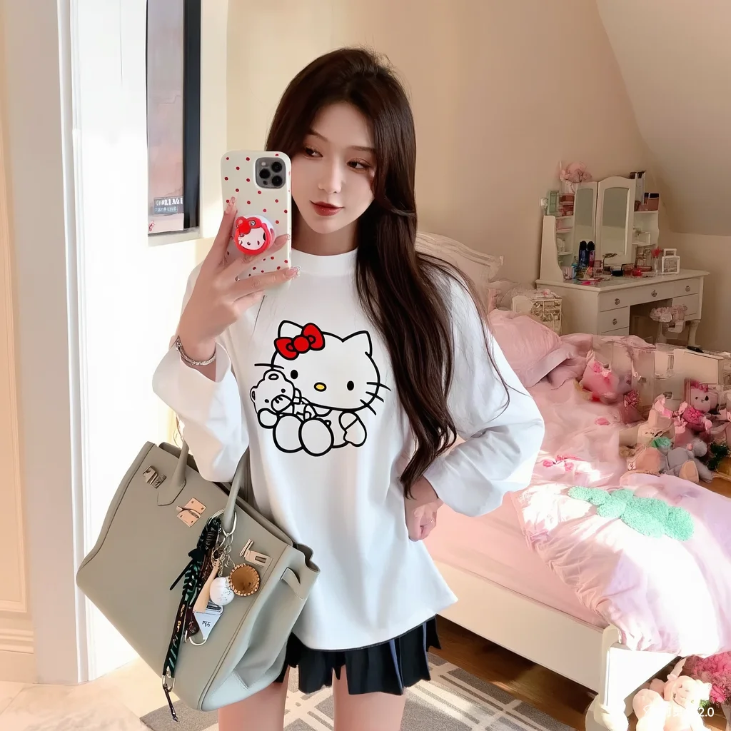 Kawaii Hello Kittys Trend Fresh Sweet Korean Version Literatur Retro Langarm Druck Literatur Rundkragen All-Match
