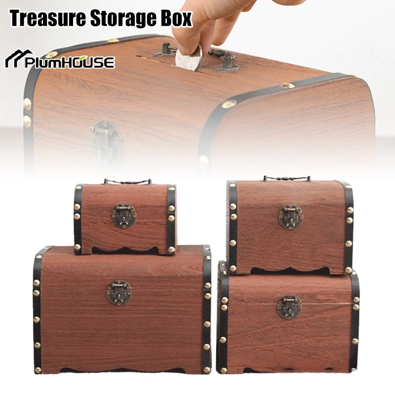 Vintage Treasure Storage Box Wooden Treasure Chest With Lock Piggy Bank Organizer Saving Case Retro Home Decoration