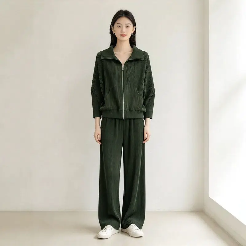 Autumnal High-Waisted Pants And Zipper Casual Set with Collared Women's Outerwear Fashion Ensemble Long Sleeve Regular Fit