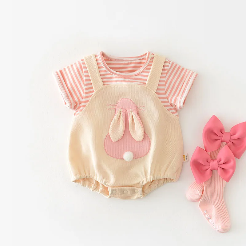 MILANCEL Summer False 2pcs Baby Girls Cute Bunny One Piece Overall Jumpsuits Cotton Infant Baby Bodysuit Clothing Outfits