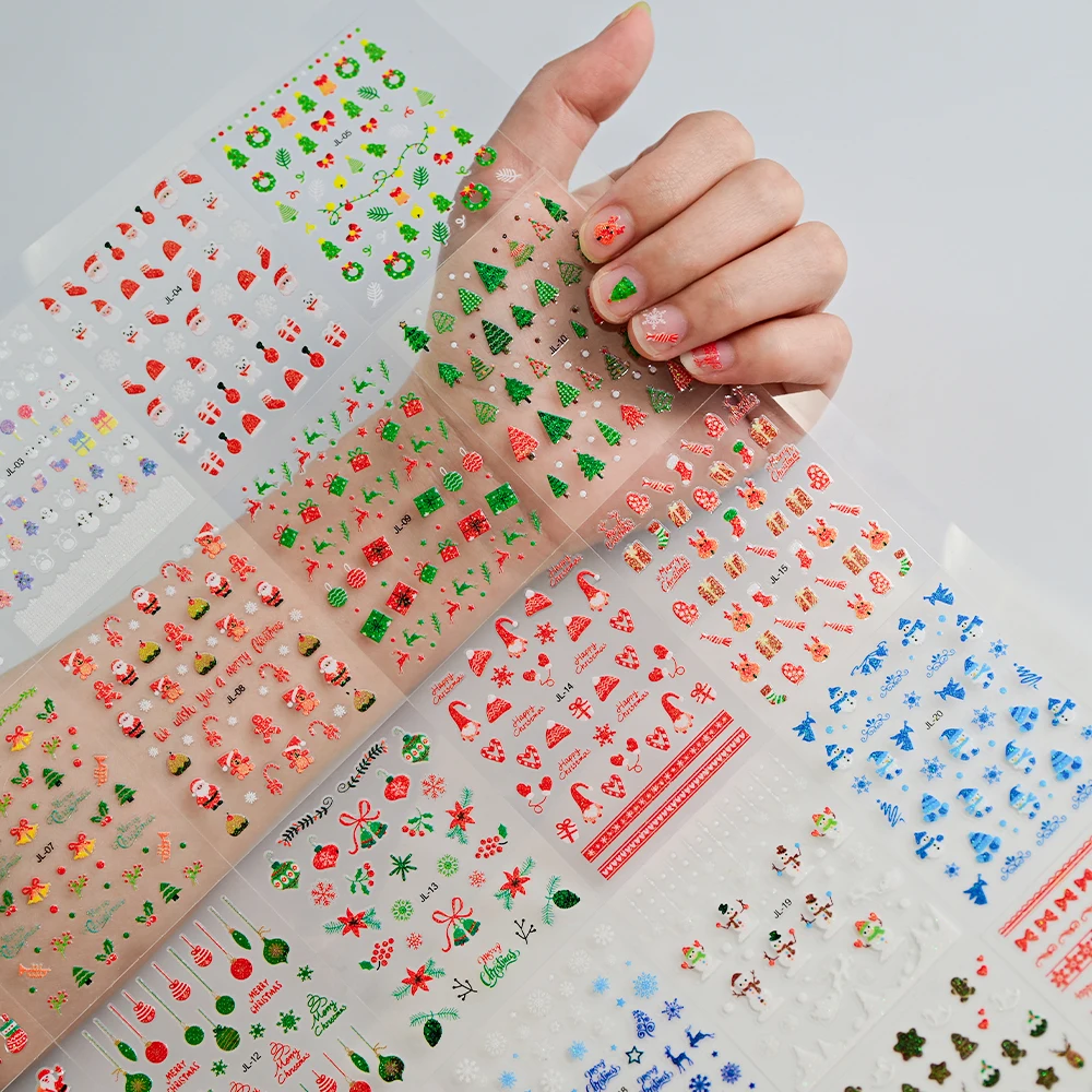 30 Stück/Set 3D Gemischte Glitzer-Weihnachts-Nagelaufkleber Kawaii Elch/Schneeflocke/Bär/Schneemann Weihnachts-Aufkleber 1000+ Muster Weihnachts-Slider