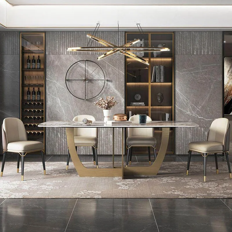 

Light luxury style bright rock slab dining table rectangular small apartment Pandora creative dining table villa atmosphere dini