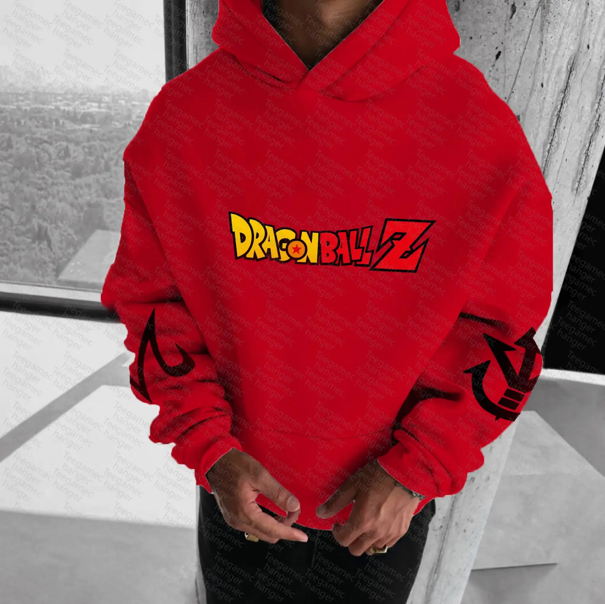 Sudadera con capucha roja de Dragon Ball Z para hombre y mujer, jersey con estampado de personajes de Anime, diseño de espalda Multi Super Saiyan y logotipo amarillo informal