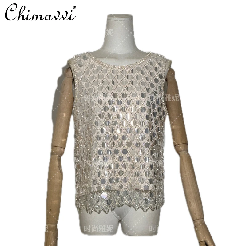 ヘビービッグスパンコール高級ベストパールトップ多用途女性の夏の新ファッションノースリーブクルーネックパフォーマンス服ルーズタンク
