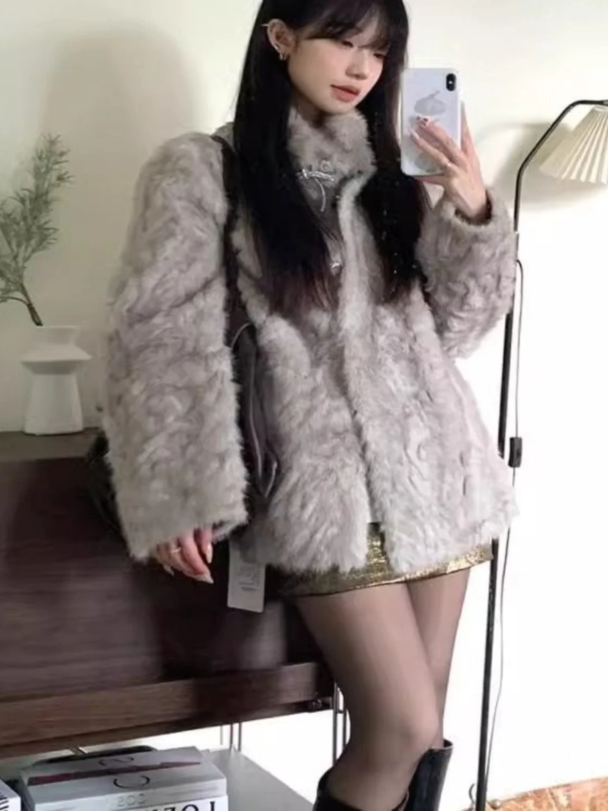 เสื้อโค้ทขนสัตว์ฤดูหนาวสำหรับเด็กผู้หญิง คอตั้ง Thiened Inteated ort Sle หนังแกะอบอุ่น Jaet Sweet Sle ความยาวปานกลาง