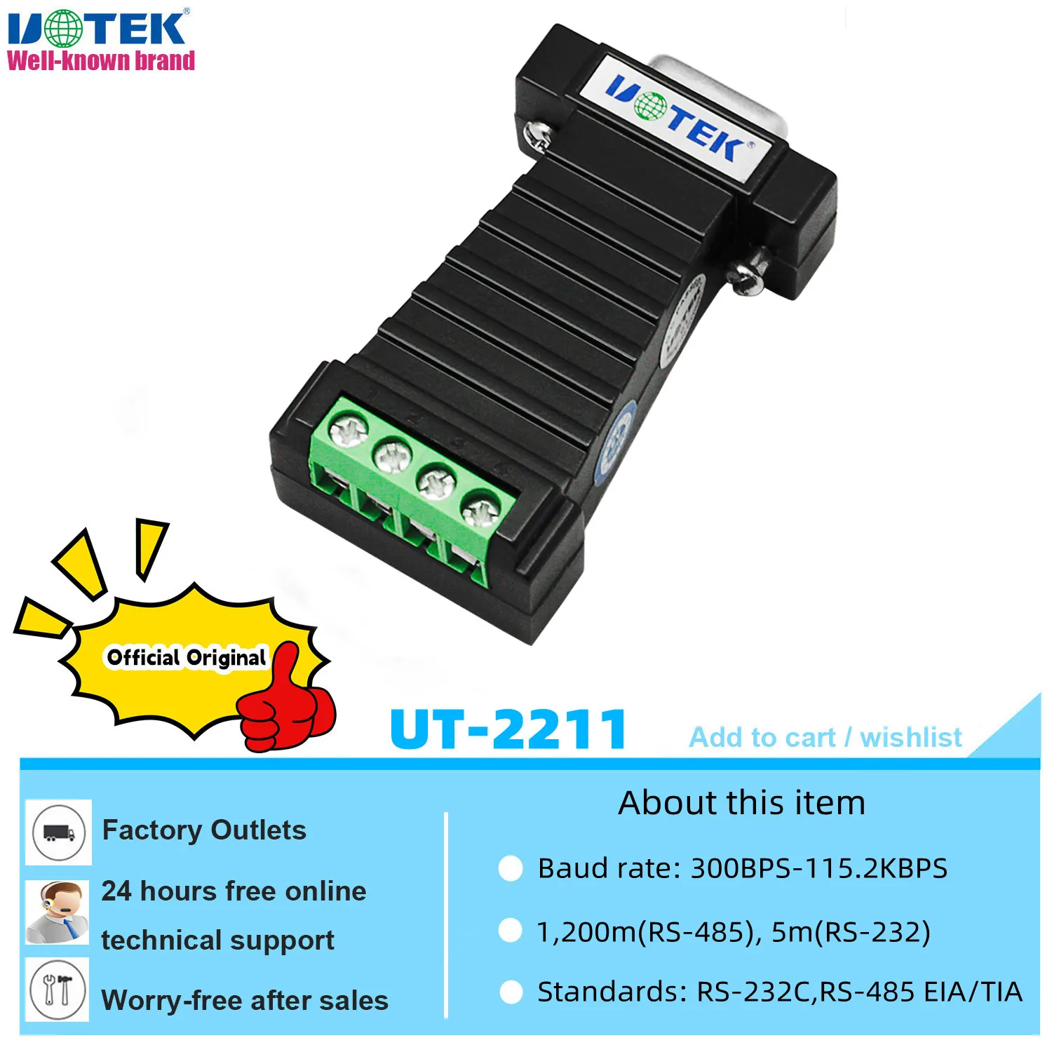 UOTEK Mini RS-232 to RS-485 Converter RS232 To RS485 Conversion Adapter DB9 Connector UT-2211 Half Duplex