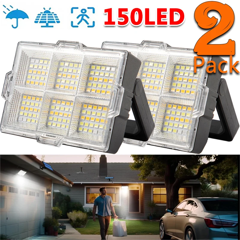 

Solar Work Light, 150LED Portable Flood Lights with Stand - 4Modes Waterproof Rechargeable Outdoor Lamp for Job Site, Camping