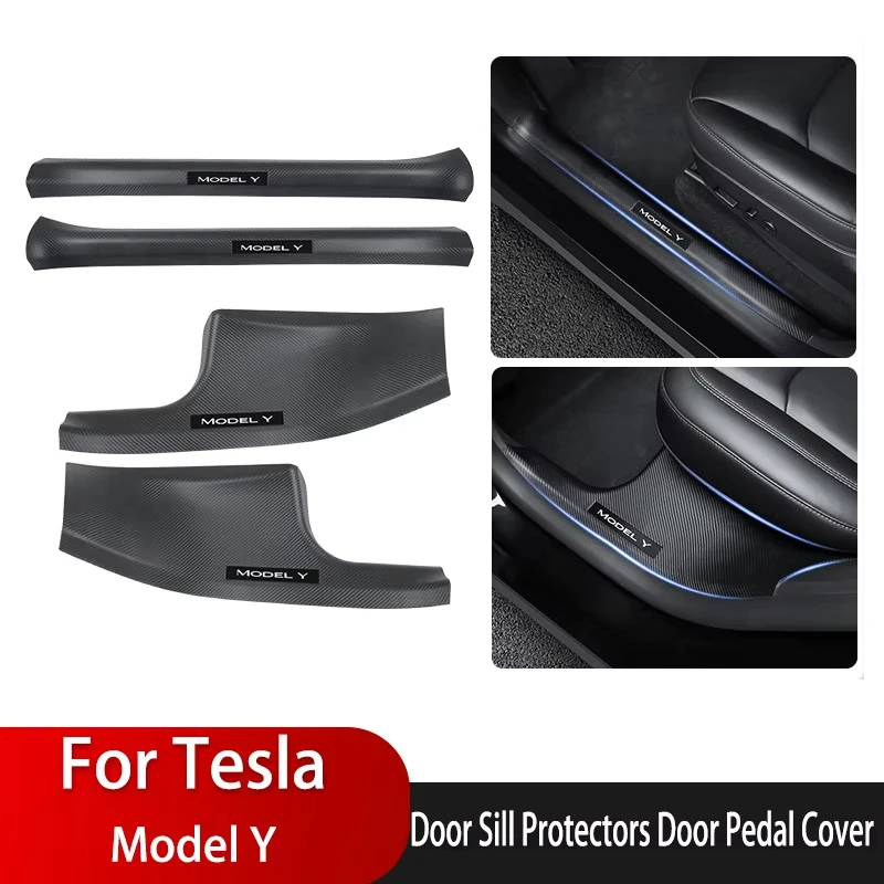 

For Tesla Model Y Door Sill Protectors Front Rear Door Pedal Cover Carbon Fiber ABS Car Anti-dirty Pad Accessories