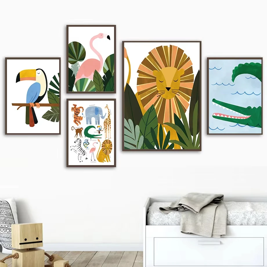 

Wall Art Print Lion Elephant Toucan Flamingo Crocodile Nursery Canvas Painting Nordic Poster Wall Pictures Baby Kids Room Decor