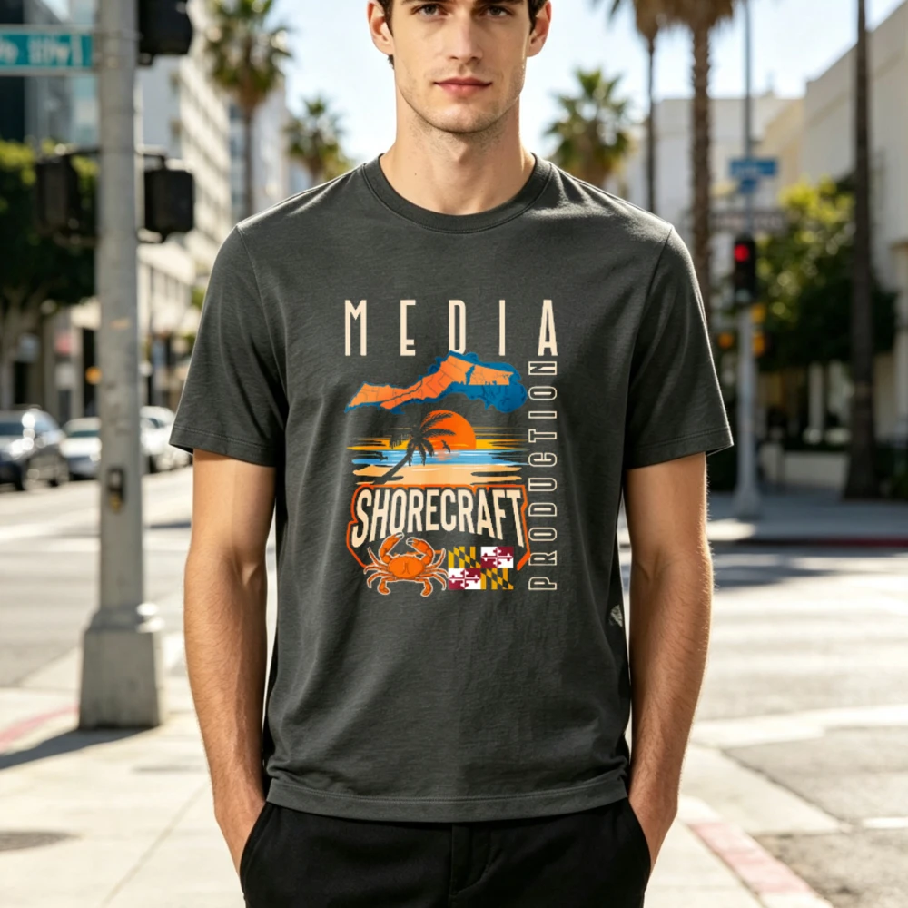 Media Production Shorecraft Crab Sunset TShirt Women Men Maryland Short Sleeve Crew Neck Vintage Casual Summer Beach Friend Gift