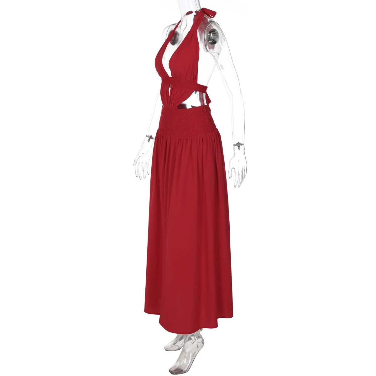 Hugcitar Damenmode, Neckholder, V-Ausschnitt, einfarbig, rückenfrei, gerüscht, mit Schnürung, sexy Maxikleid, Patchwork-Spitze, Sommerkleid, Strandurlaub – Detail 3