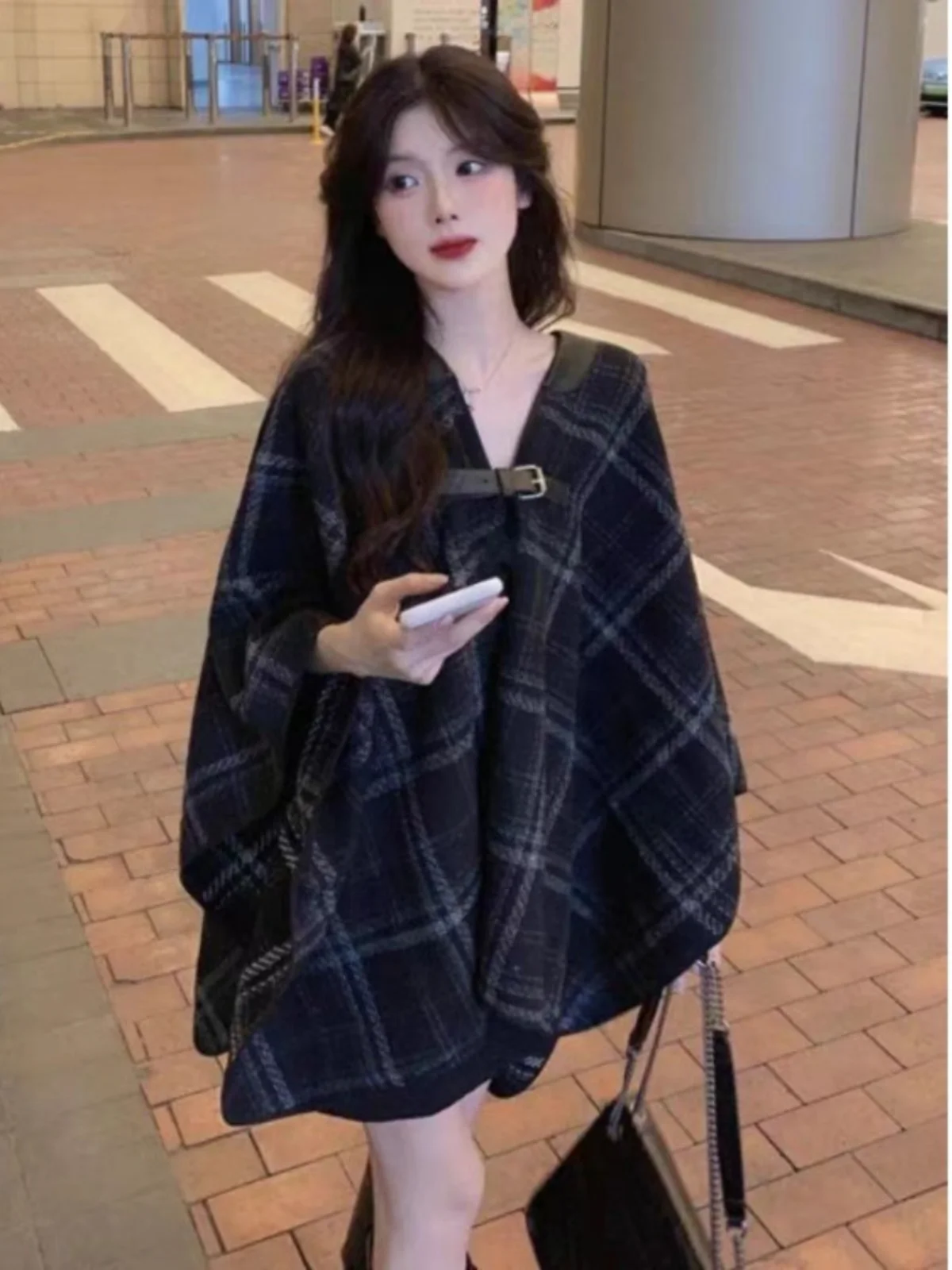 Bla Plaid Wollen Jas Dames 2024 Lente Herfst Nieuwe Kleine Maat Midi Lengte Faionable Priem Cowl Ne Jas Dames