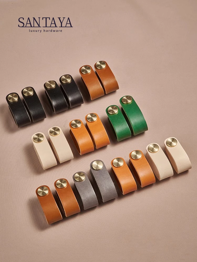 

Genuine Cowhide Furniture Leather Handles Wardrobe Door Drawer Brass Light Luxury Children's Room Anti-Collision Kabinet Knobs