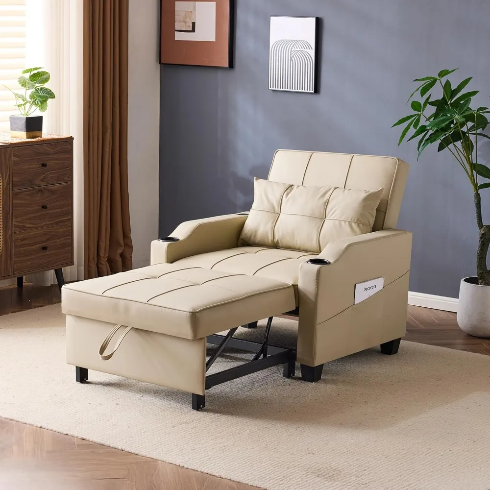 

Sofa Bed Chair Recliner, 3-in-1 Convertible Sleeper Sofa Chair Bed Beige Daybed Pull Out Couch Bed with Adjustable Backrest
