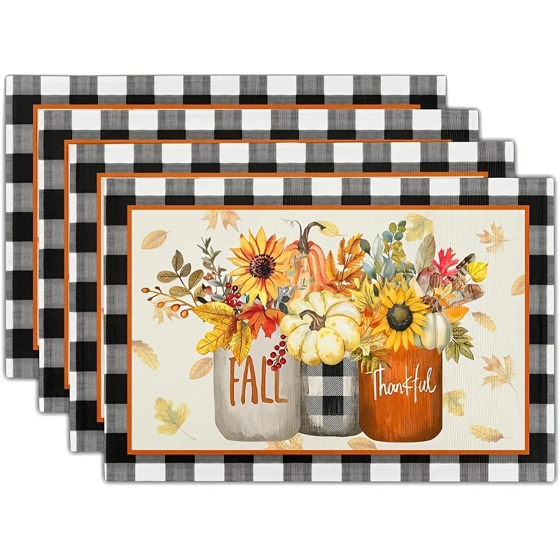 Fall Pumpkin Sunflower Linen Placemats, Jar Maple Leaf Buffalo Plaid Table Mats, Thanksgiving Dining Decor
