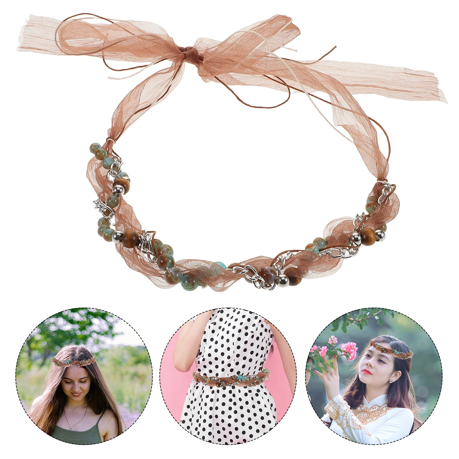 

Boho Style Waist Belt Women Realistic Stone Lace Beaded Vintage Mesh Braided Headband Hair Accessory for Dresses Casual Wear