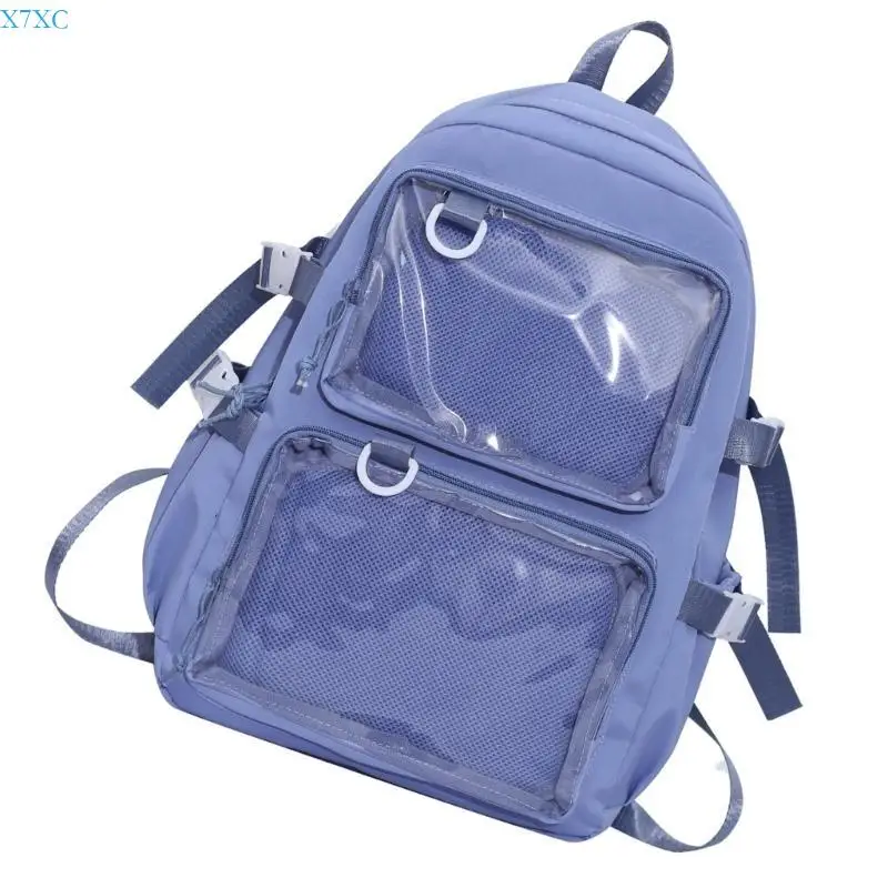 X7XC College Student Large Capacity Nylon Backpack Itabag Japanese Transparent Pocket School Bag for Anime Badges Pin Display