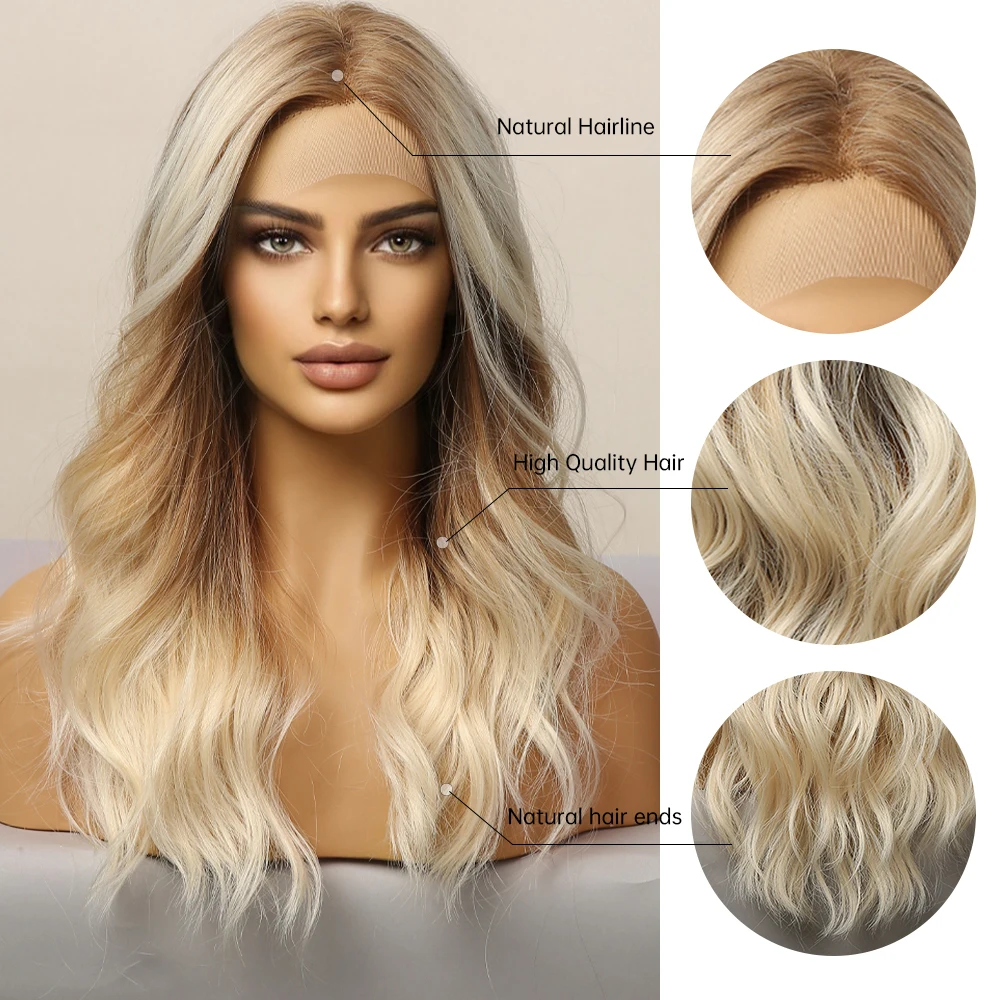 GEMMA Long Wavy Omber Brown Blonde Lace Front Wigs for Women Middle Part Lace Synthetic Wig Heat Resistant Cosplay Daily Hair