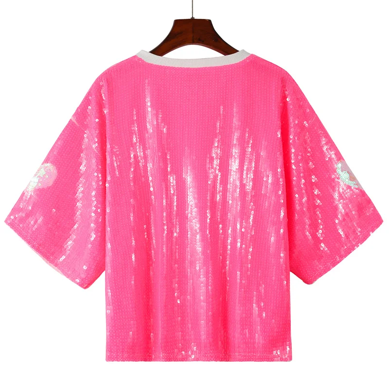 

New Women's Summer New Sequins Letter Geometric Streetwear Short Sleeve T-Shirt Hip Hop Loose Night Club High Quality Tops