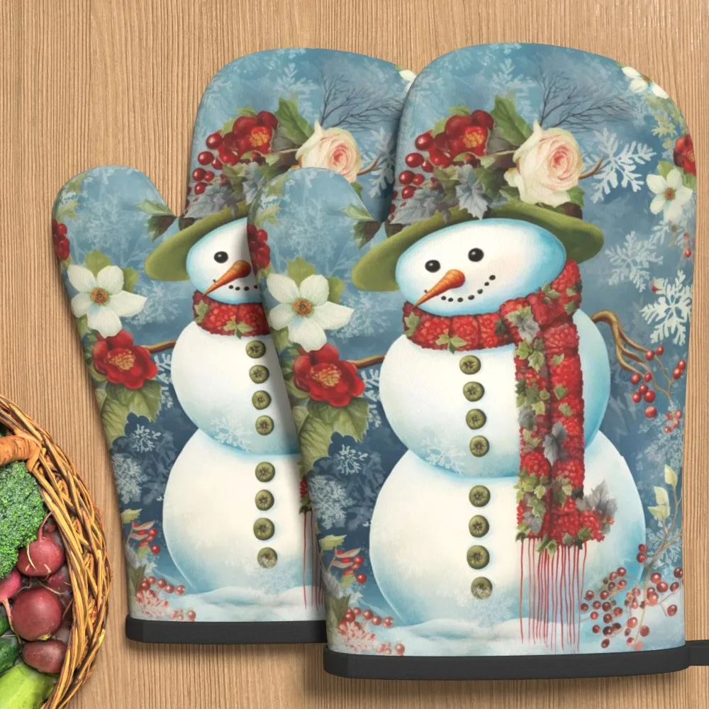 2pcs Set of Kitchen Oven Mitts, Size 10.6 X 6.7 Inches, Red And Green Christmas Snowman Design. These Heat-Resistant