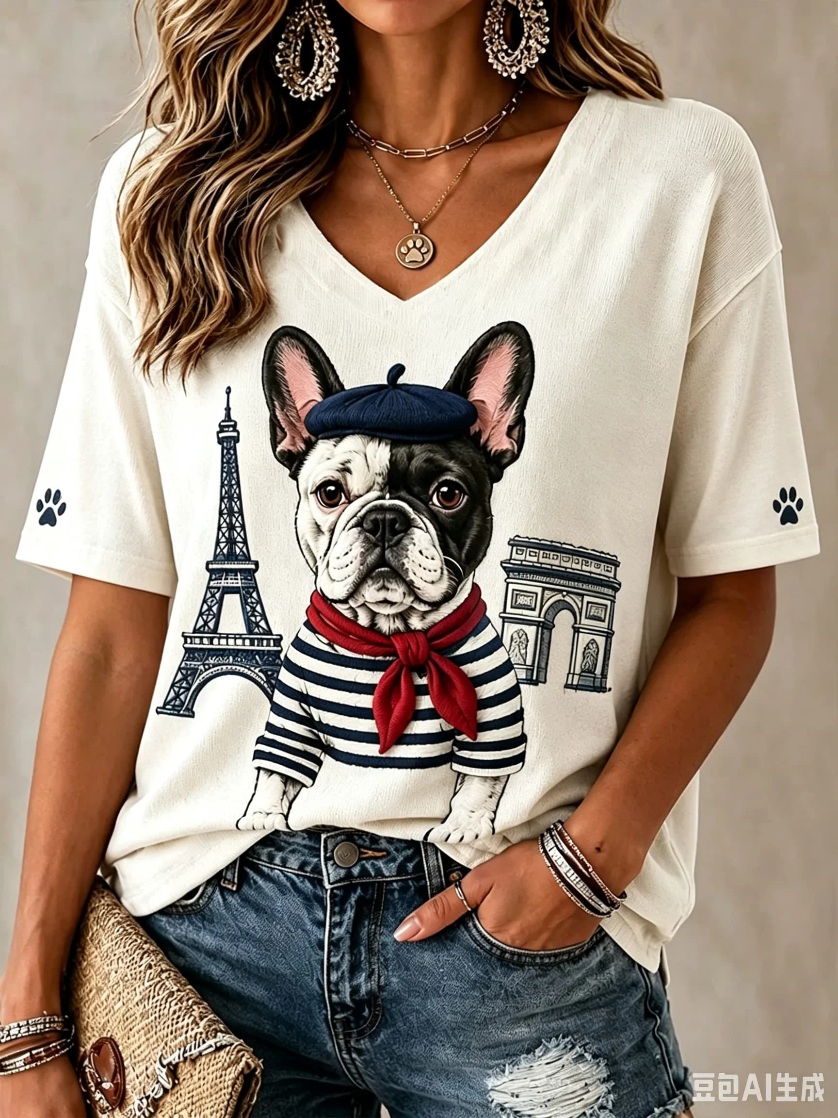 Women France National Rooster Gradient Football Jersey V Neck Short Sleeve French Flag Print Striped Cuff  Fan Sports T-shirt view 5